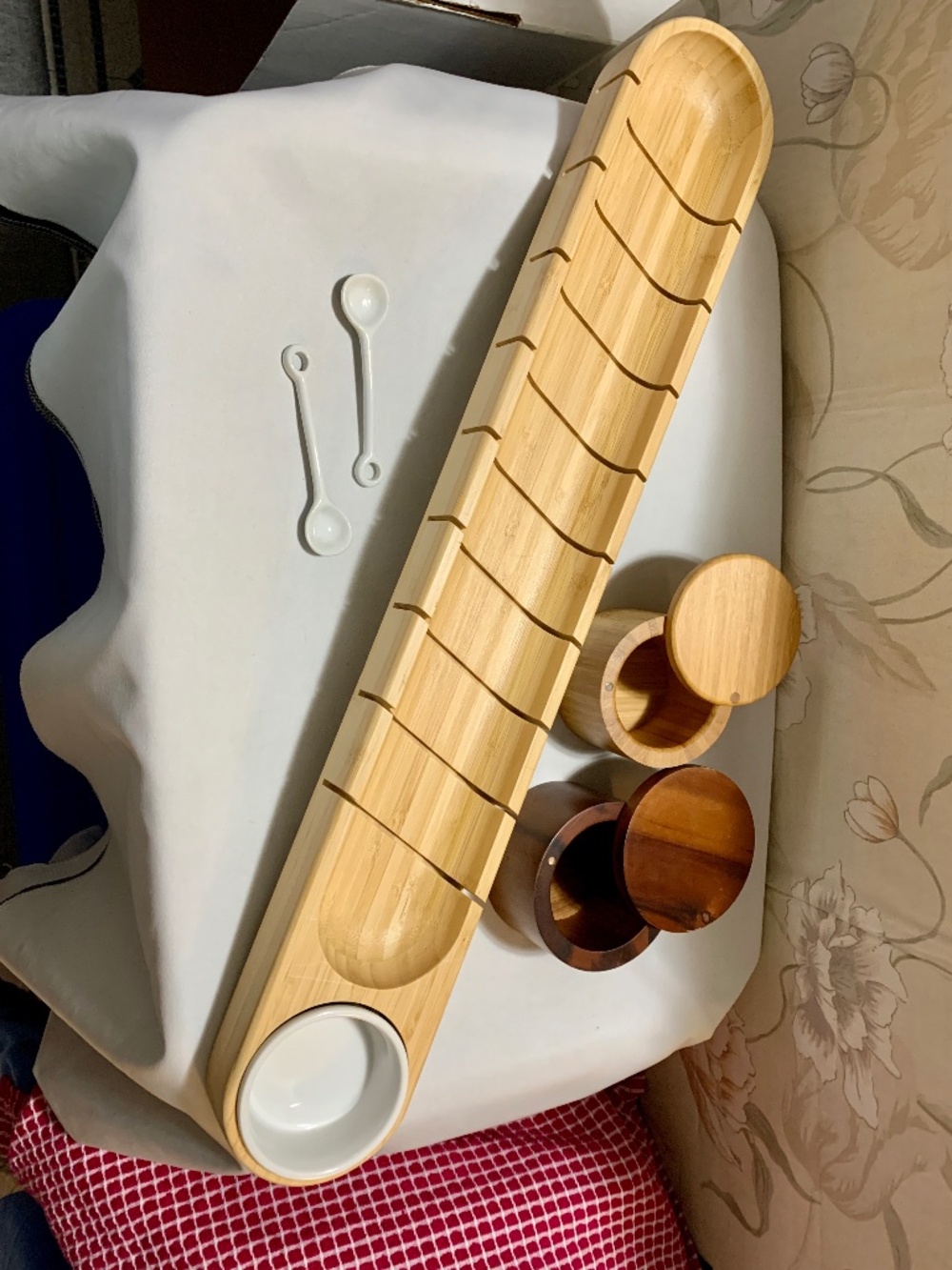 6Pc Wood / Ceramic Set - Baguette Tray w Dip Dish, 2 Spice Jars w 2 Spoons
